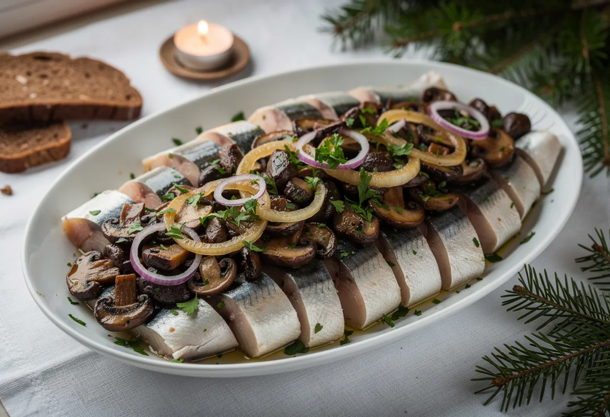 An oval dish of silvery herring pieces layered with dark fried mushrooms and golden onions, garnished with parsley