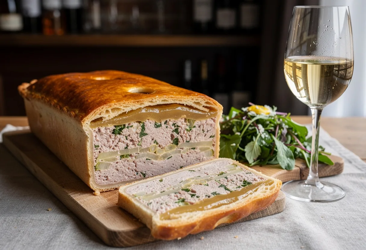 Sliced golden pastry loaf showing a pink pork filling with a layer of clear jelly