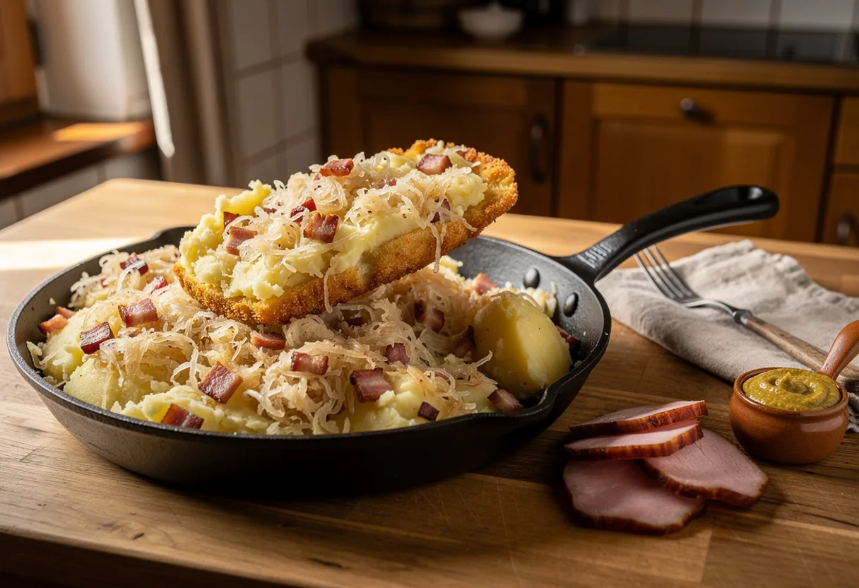 Pan of fried mashed potato and sauerkraut with a golden-brown crust and bits of bacon