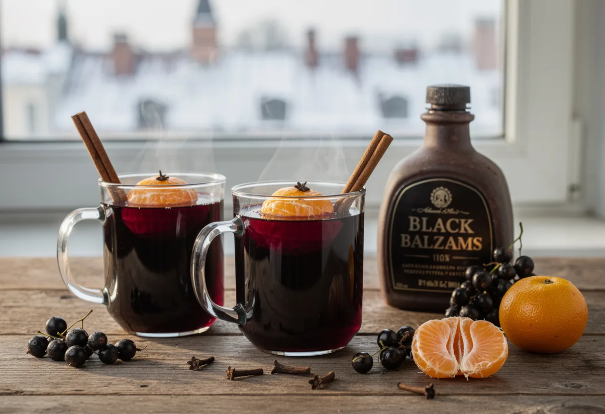 Mugs of steaming dark purple blackcurrant drink with mandarin segments and cloves beside a clay bottle of black balsam
