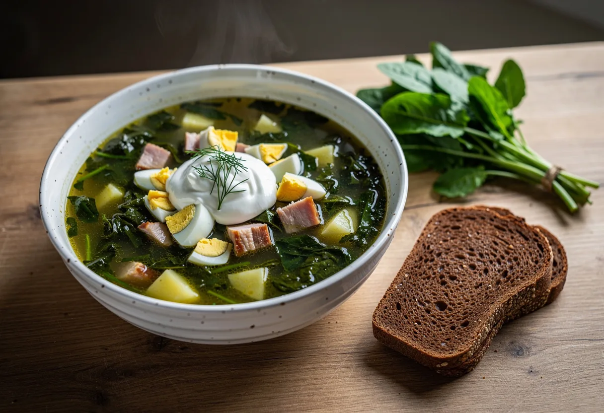 Bowl of olive-green sorrel soup with potatoes, chopped egg and a dollop of sour cream