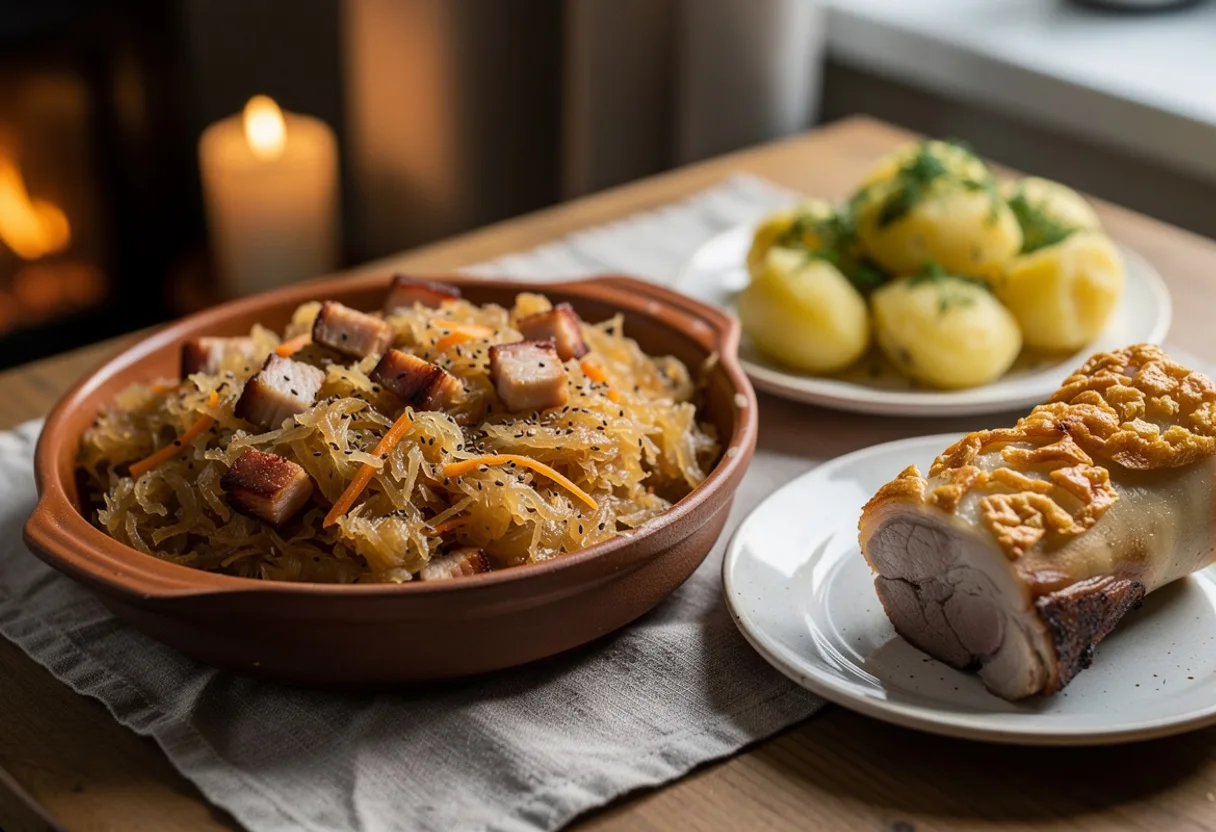 Dish of golden-brown glossy stewed sauerkraut with bits of pork belly and carrot