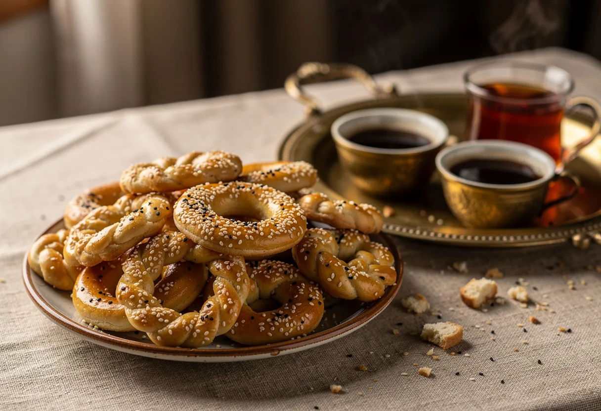 Small pale golden savoury cookie rings and braids scattered with sesame seeds, beside small cups of coffee