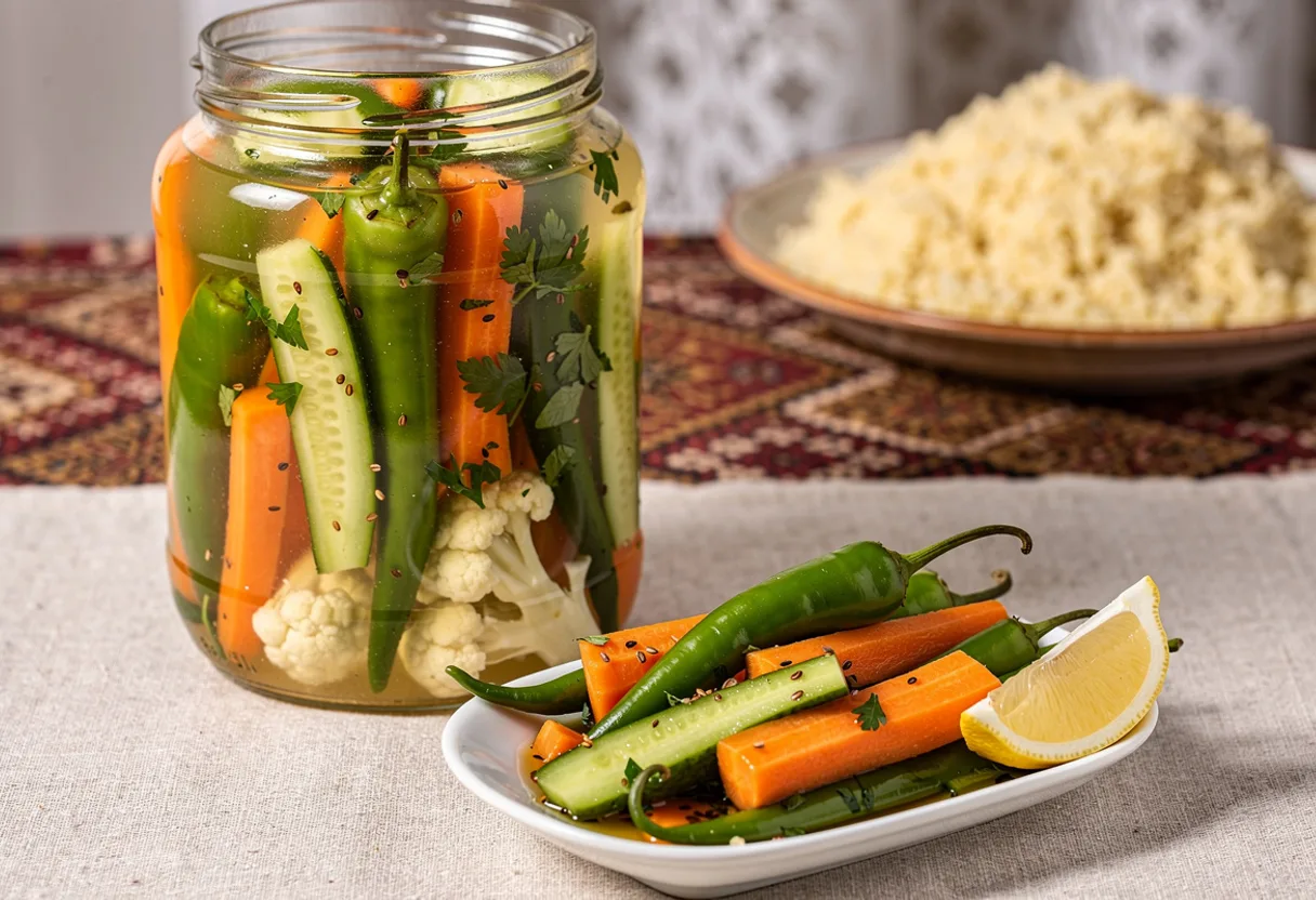 Glass jar of pickled whole green chilies, carrot and cucumber in a cloudy lemony brine with parsley