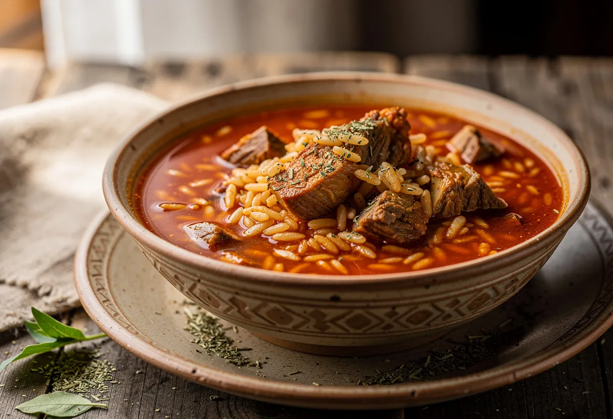 Rust-red lamb and orzo soup dusted with dried mint