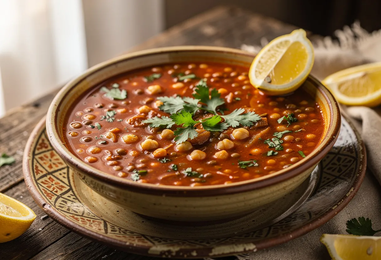 Bowl of thick red harira soup with lentils, herbs, and lemon