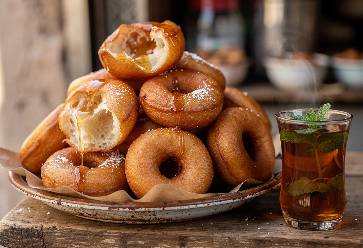 Golden, irregular Moroccan doughnut rings dusted with sugar beside a glass of mint tea