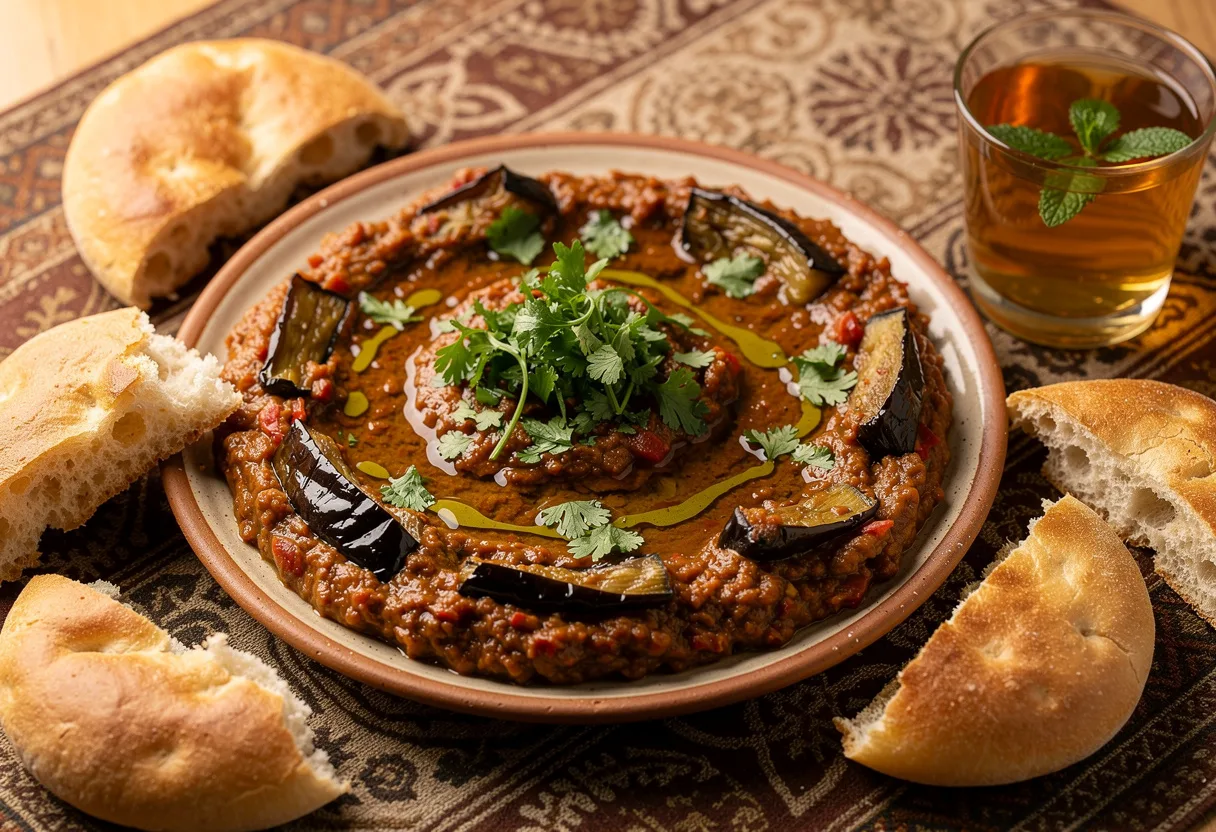 Plate of chunky, smoky eggplant and tomato zaalouk drizzled with olive oil and scattered with parsley, with Moroccan bread