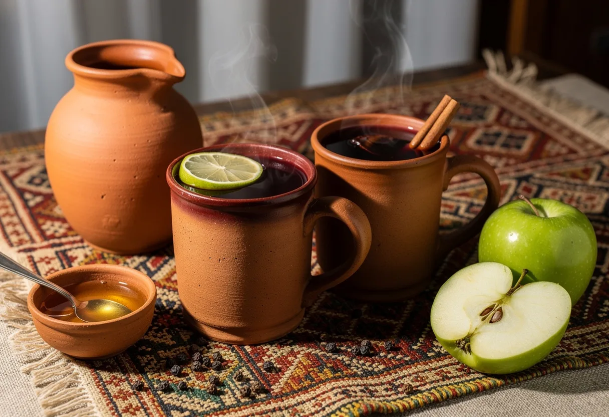 Clay cups of steaming dark red hot wine with apple slices, cinnamon and black peppercorns