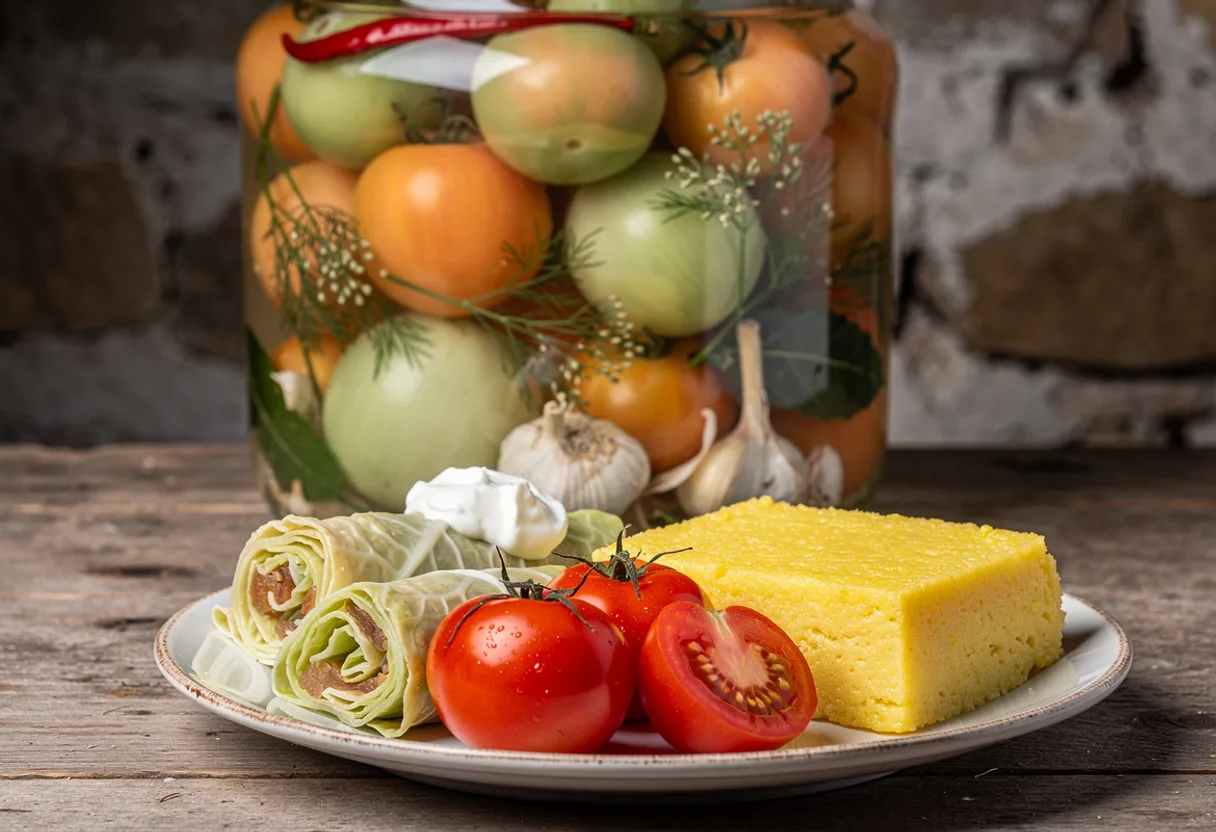 Large glass jar of whole green and pale red tomatoes fermenting with dill and leaves in cloudy brine