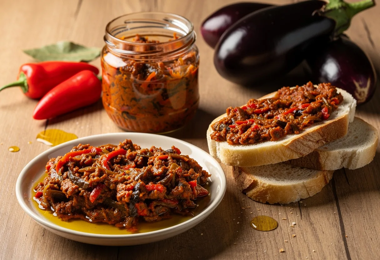Glass jar and bowl of thick brick-red roasted eggplant and pepper spread, with slices of rustic bread