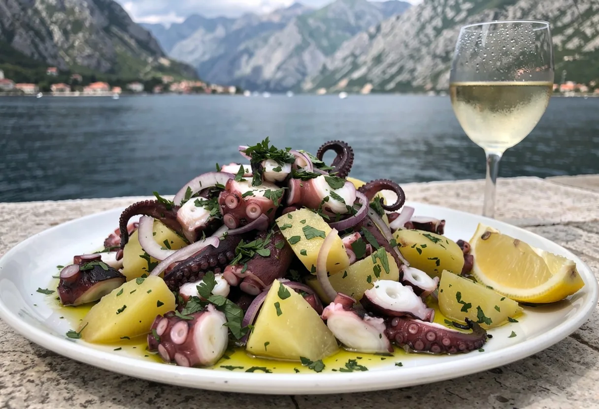 Octopus salad of purple-edged octopus pieces, potato chunks, red onion and parsley glistening with olive oil