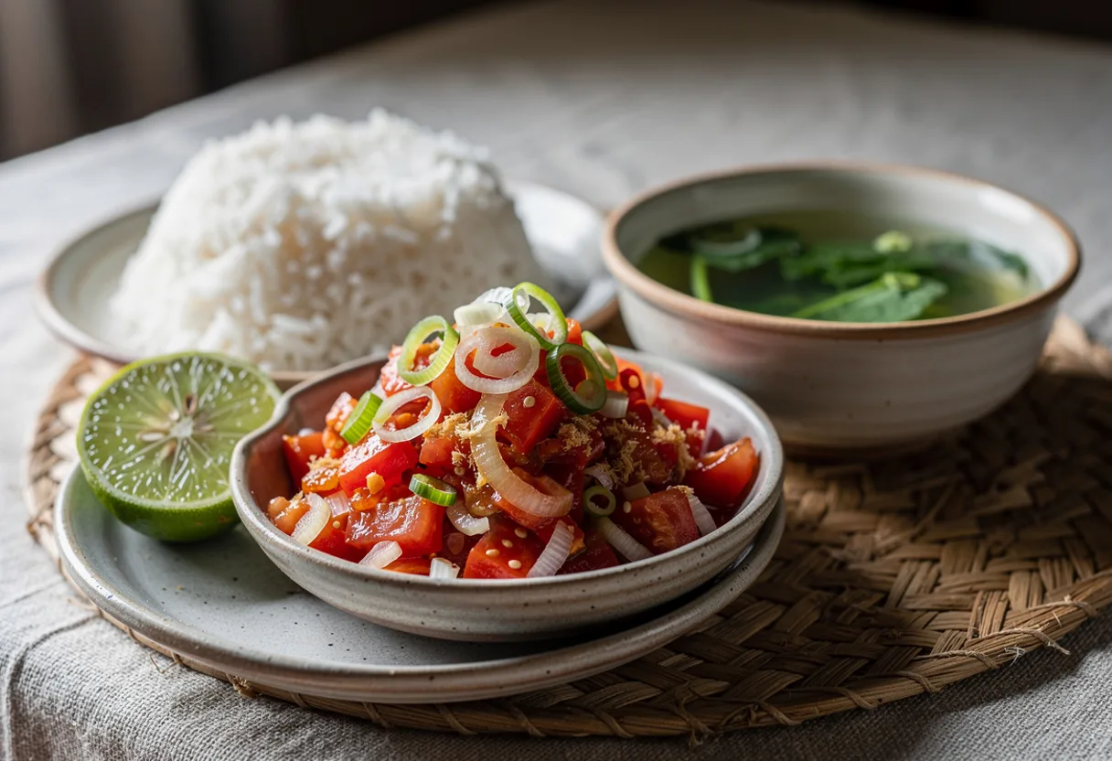 Small bowl of finely diced tomato, onion and spring onion relish next to a plate of rice
