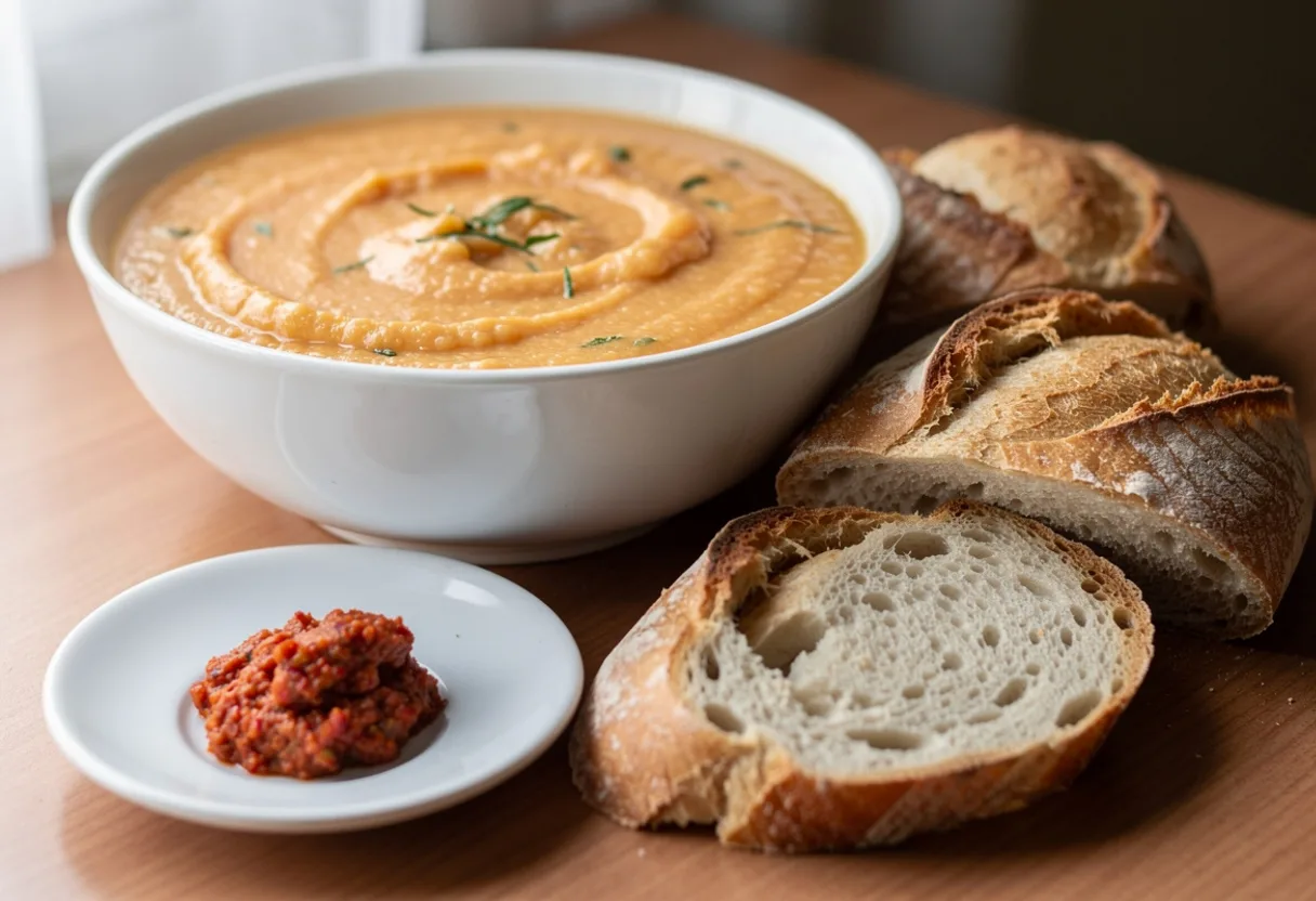 A bowl of smooth, thick orange vegetable soup with a small dish of red chilli paste and baguette