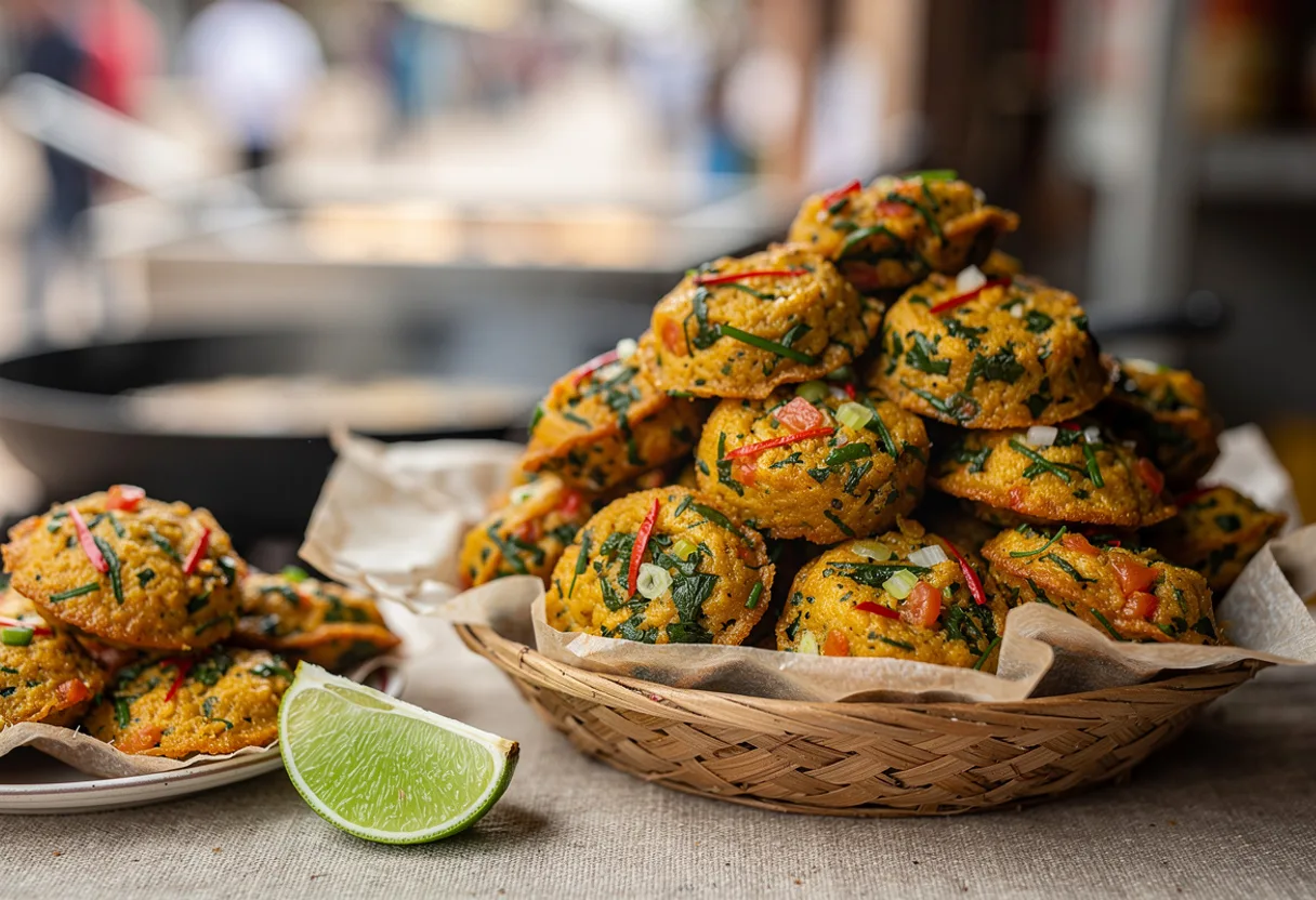 Small golden savoury fritters speckled with green watercress, tomato and red chili