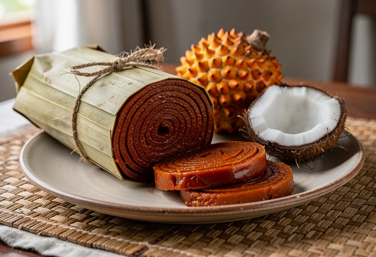 A roll of dark red-brown dried pandanus paste wrapped in pandanus leaves, with slices cut from it