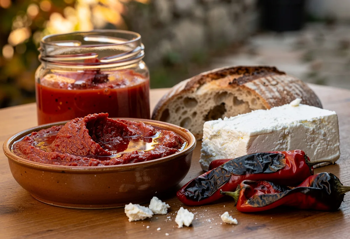 Jar and bowl of thick, glossy brick-red roasted pepper ajvar, with bread and white cheese