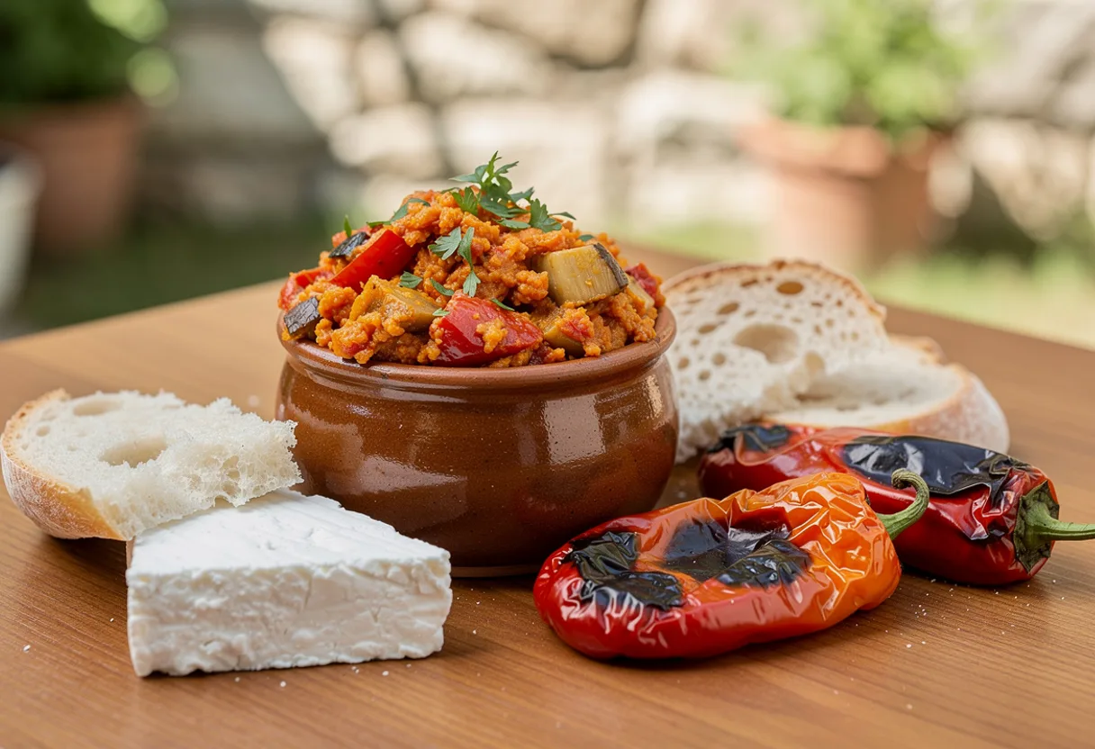 Clay bowl of chunky orange-red roasted pepper, eggplant and tomato spread with bread and white cheese