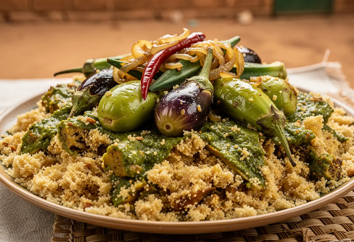 Platter of fluffy beige fonio with peanut, topped with soft onions, boiled eggplant and okra