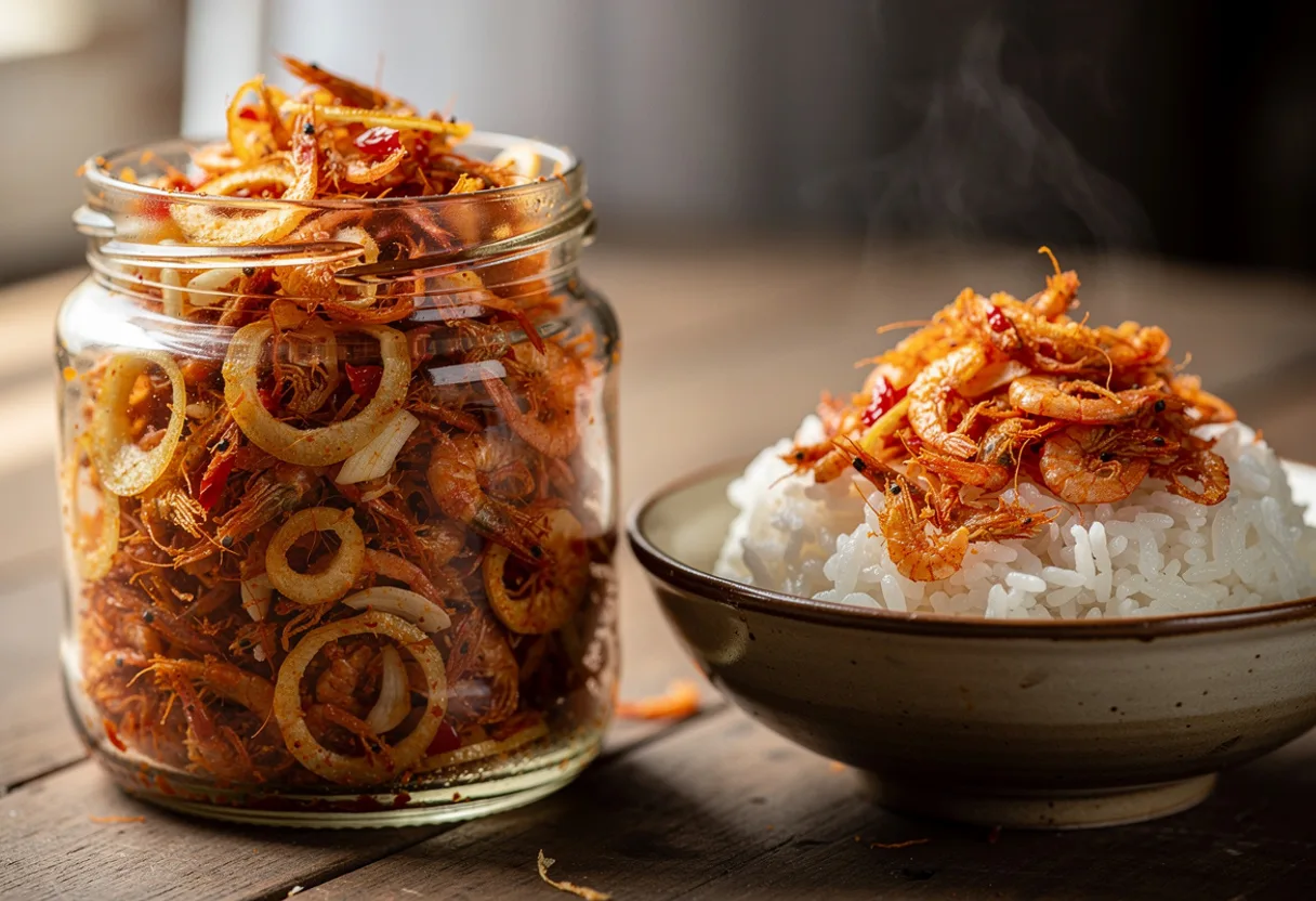 A jar and small dish of dry, crunchy amber-red shrimp and fried shallot relish, beside rice