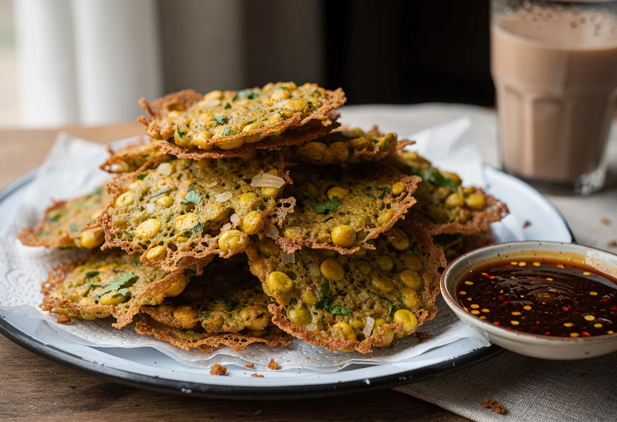 Small craggy golden split pea fritters flecked with onion and coriander, with a bowl of tamarind dip