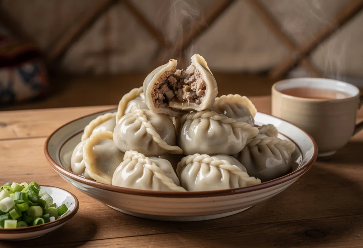 Small half-moon boiled dumplings with braided edges in a bowl, one bitten to show meat filling