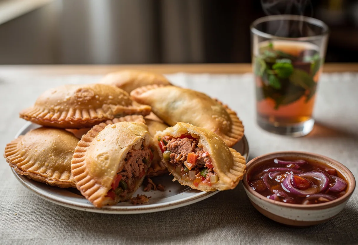 Golden fried half-moon pastries with fork-crimped edges, one open to show tuna filling, with a bowl of red onion and tomato sauce