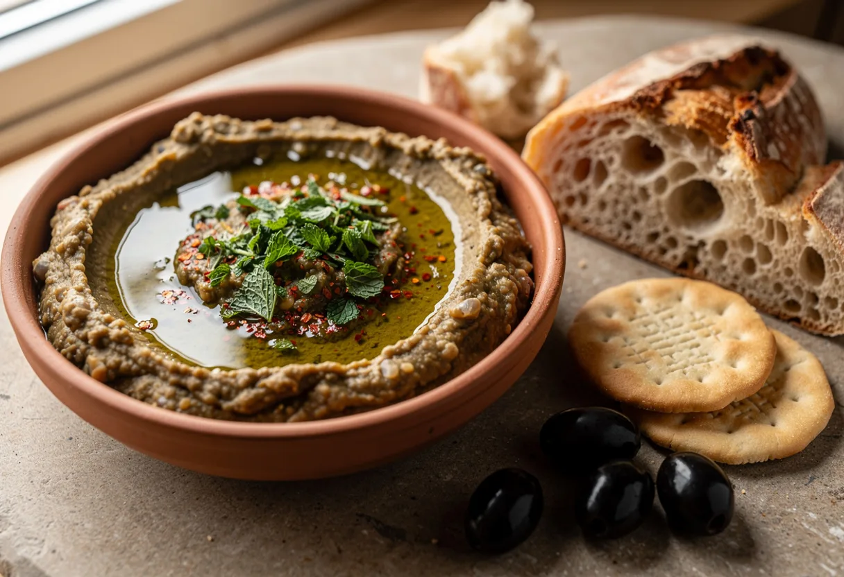Bowl of coarse brown bean dip topped with olive oil, chopped parsley and chilli flakes, with Maltese crackers and crusty bread