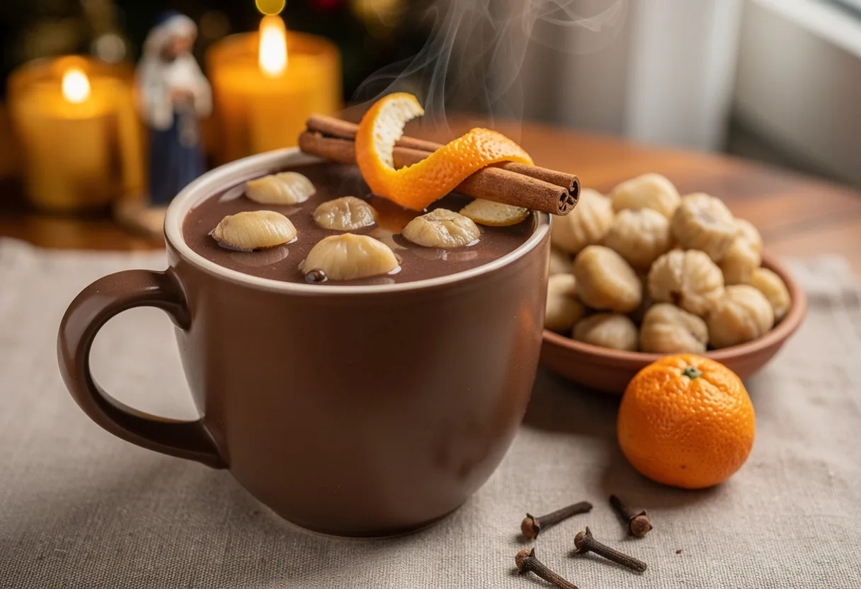 Mug of thick dark cocoa drink full of soft chestnuts with a strip of mandarin peel