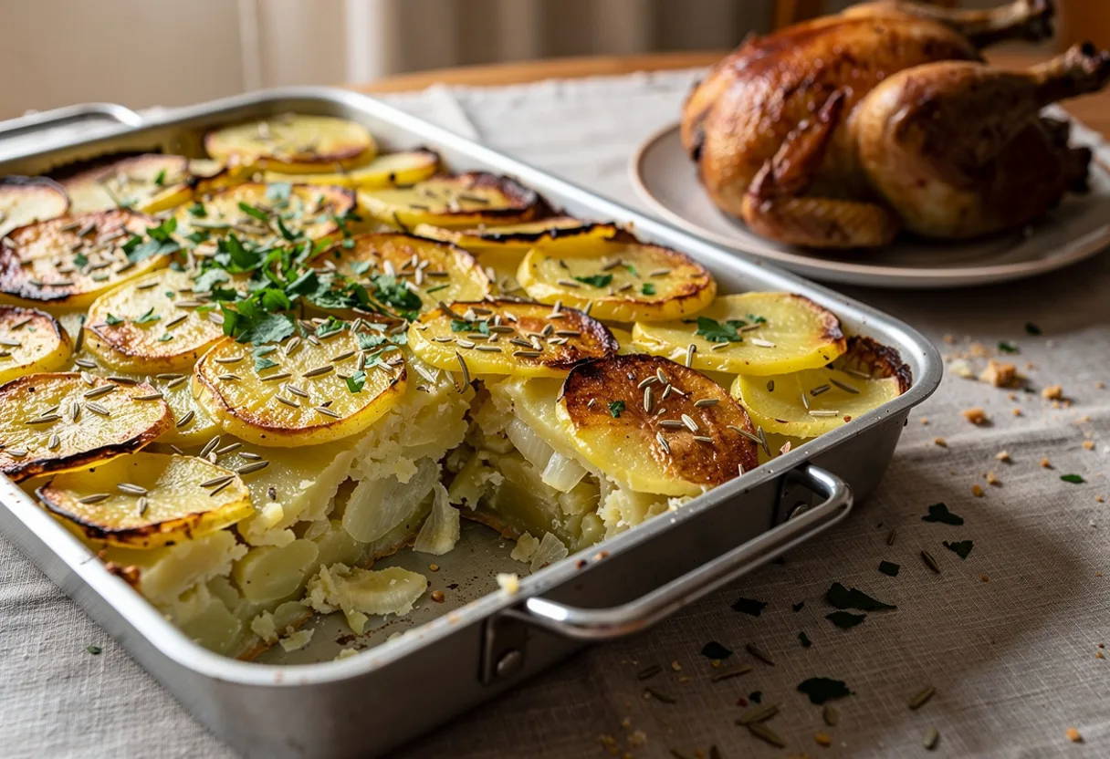 A baking dish of thinly sliced potatoes baked golden and crisp on top, layered with onion and fennel seeds, sprinkled with parsley