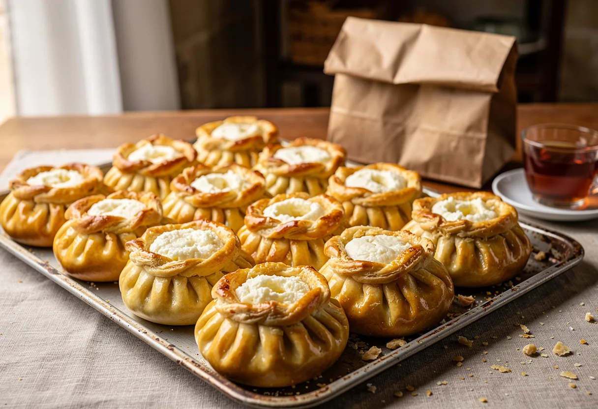 Round golden Maltese qassatat pastries pleated around a ricotta filling that shows through the open top