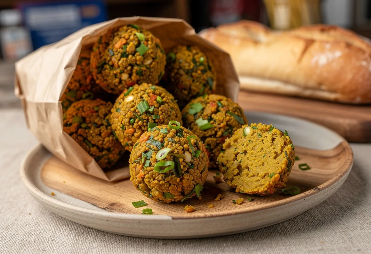 Paper bag of small, crisp golden split pea chili fritters flecked with green herbs and chili