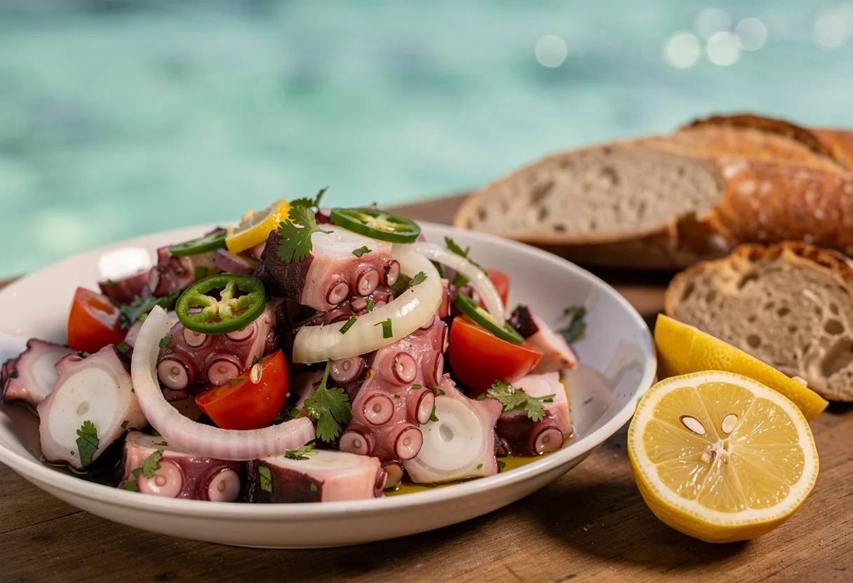 Pieces of boiled octopus tossed with sliced onion, tomato, green chili and coriander, with lemon
