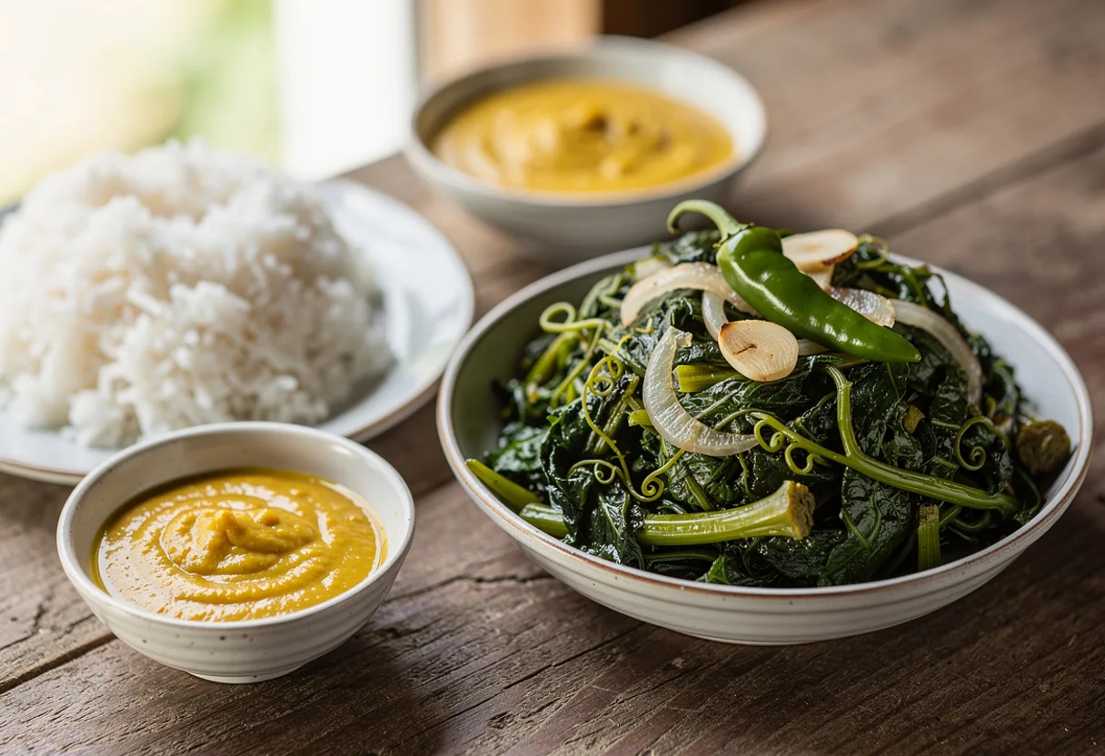 A bowl of dark green stewed pumpkin shoots with onion and green chilli beside white rice and yellow dholl