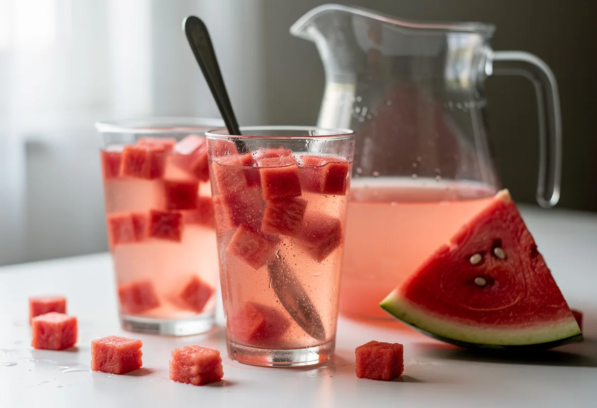Tall glasses of pale pink sweetened water full of small diced watermelon cubes