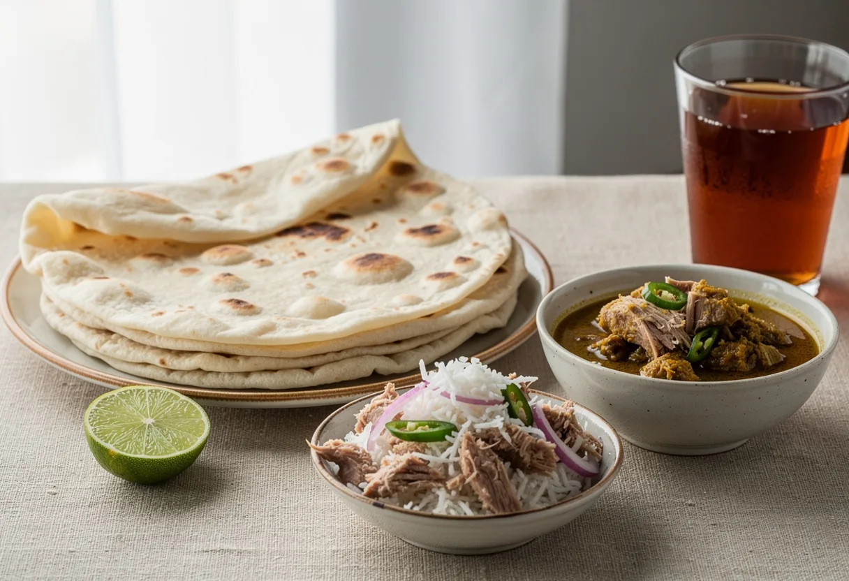 A stack of thin, soft, pale flatbreads with light brown spots beside a bowl of tuna and coconut mas huni