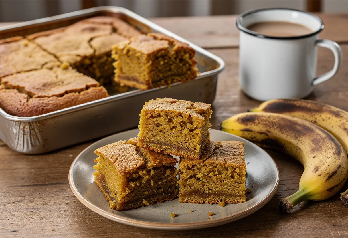 Squares of dense golden-brown banana and maize cake with a crusty base, beside a cup of tea