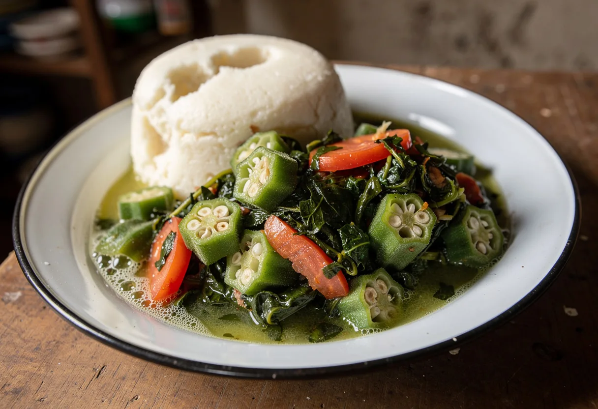 Bowl of glossy green okra relish with wilted leaves and tomato beside a mound of white nsima