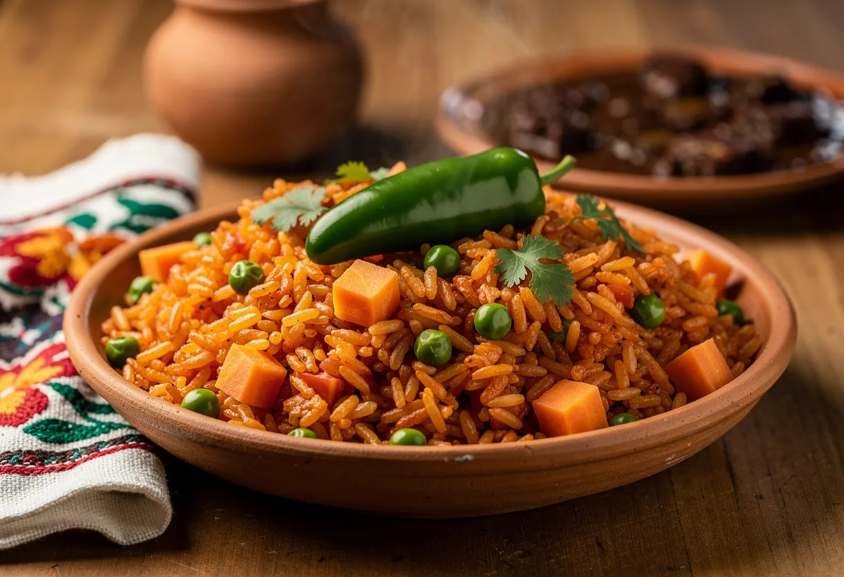 A bowl of fluffy orange-red Mexican rice with diced carrot, green peas, cilantro and a whole green serrano chile
