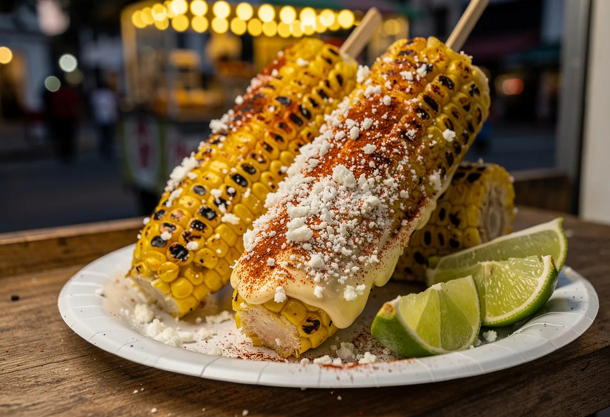 Grilled corn on a stick coated in mayonnaise, grated white cotija cheese and red chile powder, with lime wedges
