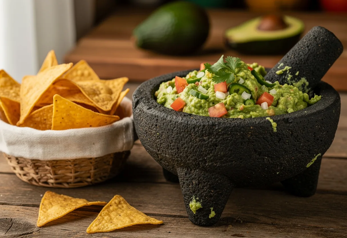 Chunky green guacamole in a black stone molcajete, topped with diced tomato and cilantro, with golden corn tortilla chips