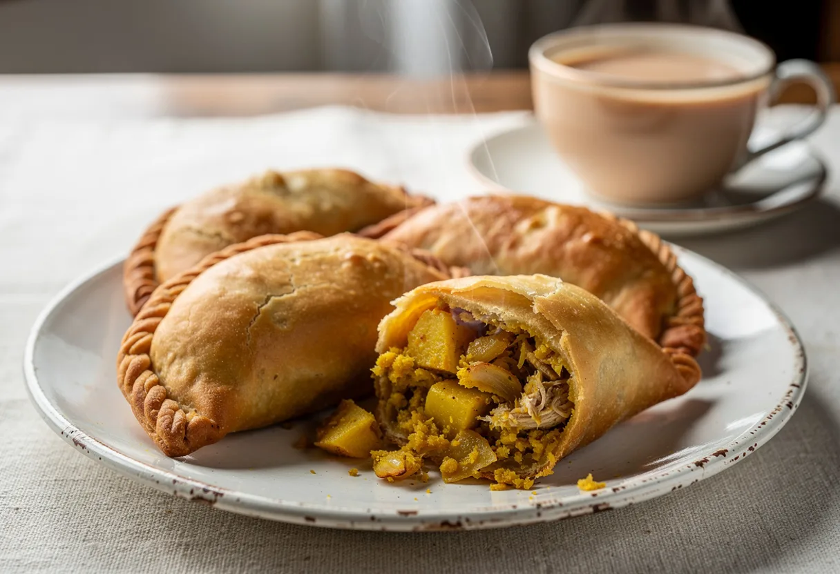 Golden half-moon curry puffs with rope-crimped edges, one broken open to show potato curry filling