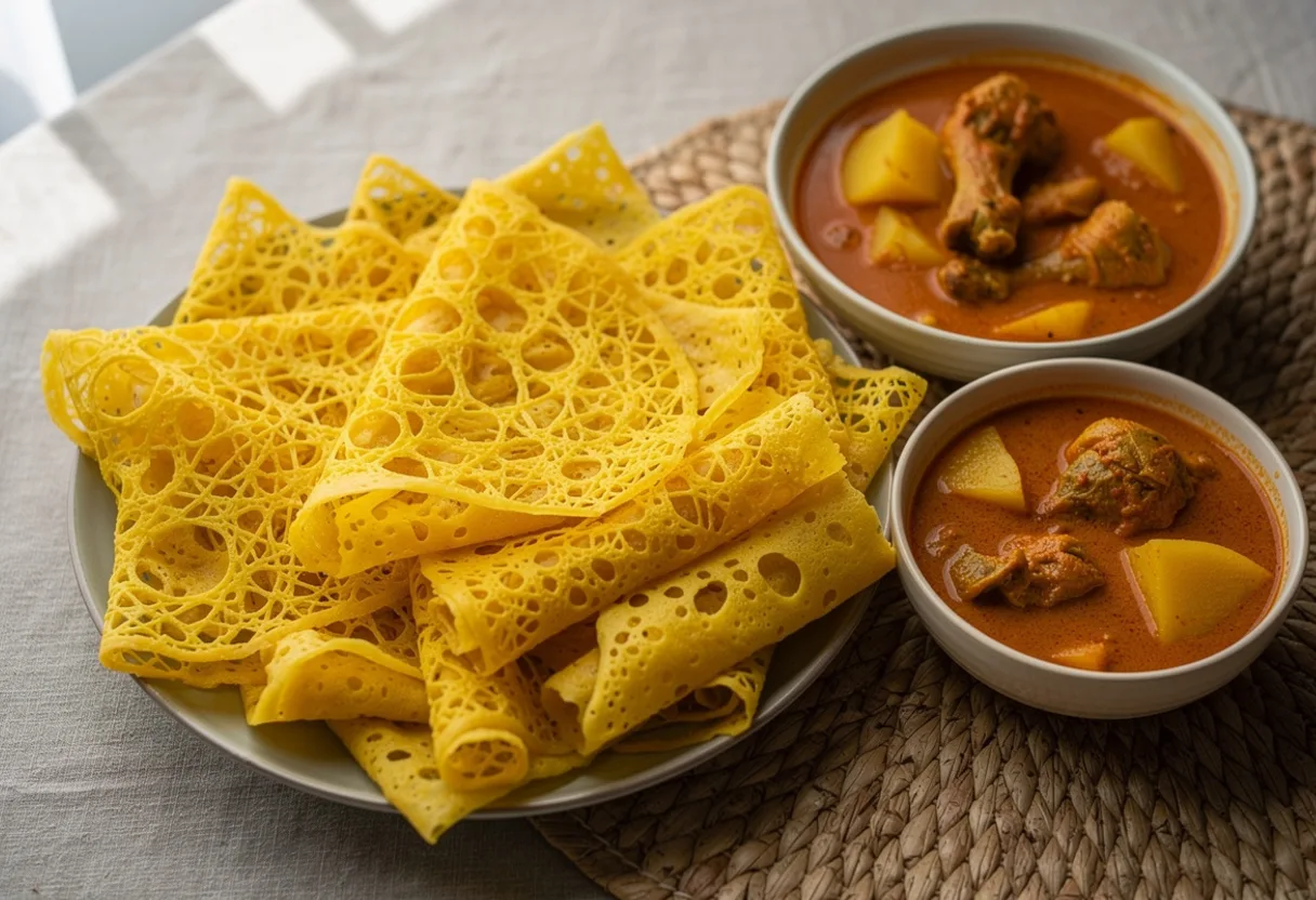 Golden yellow lacy net crepes folded into triangles, served with a bowl of chicken curry