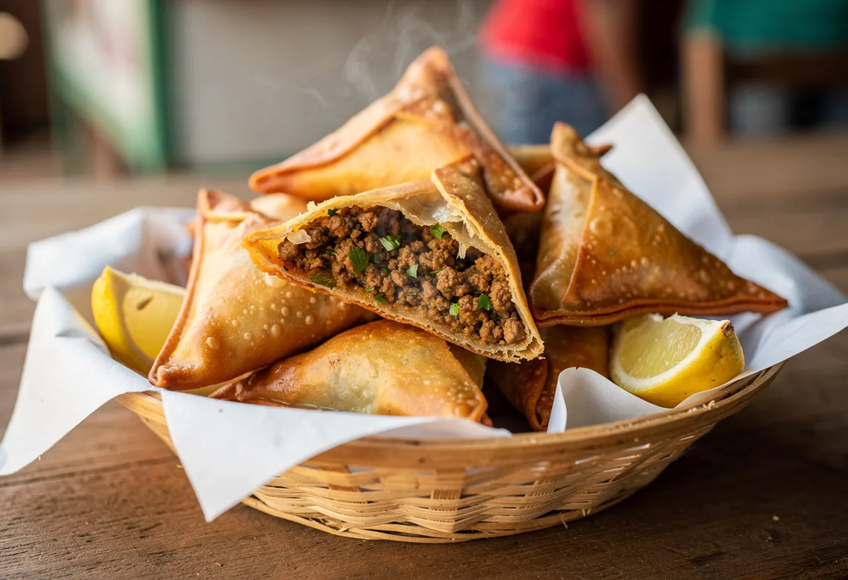 Golden, blistered triangular pastries, one broken open to show spiced minced beef