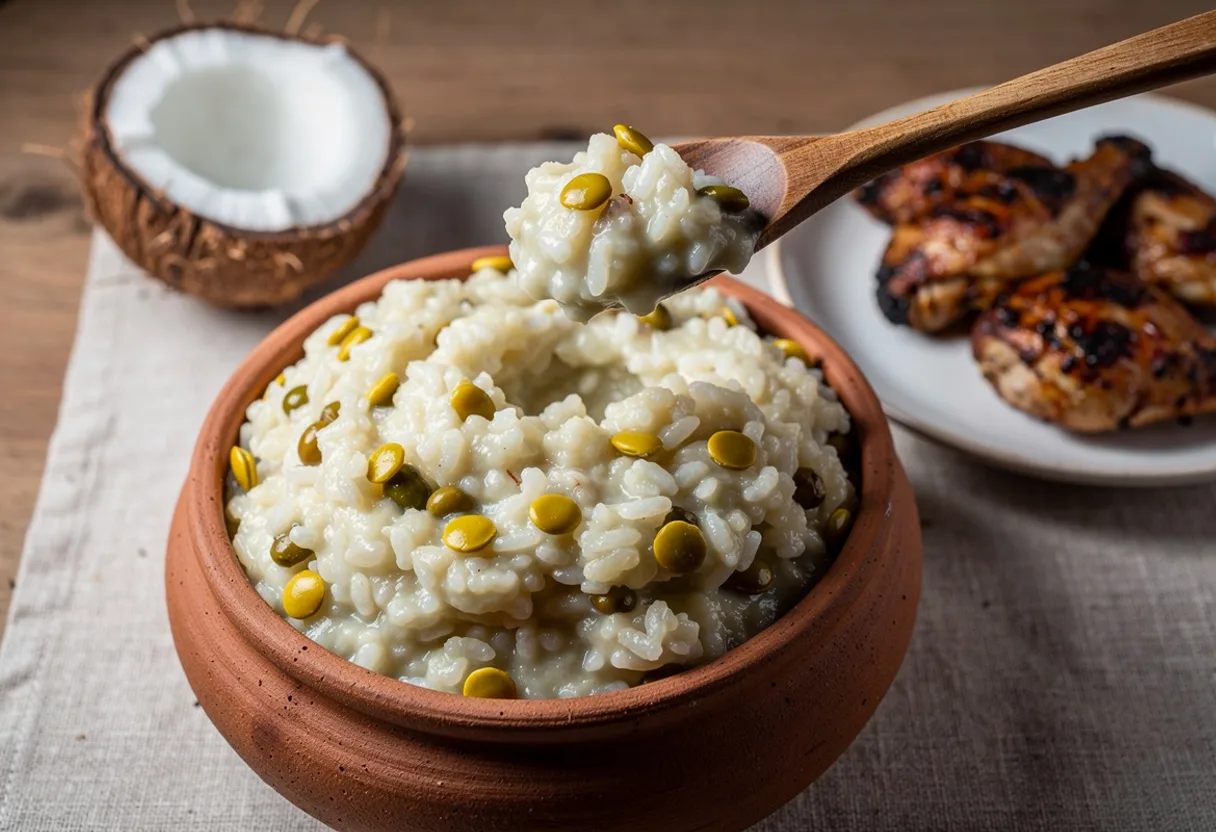 Clay pot of soft, creamy rice cooked with yellow mung beans and coconut milk