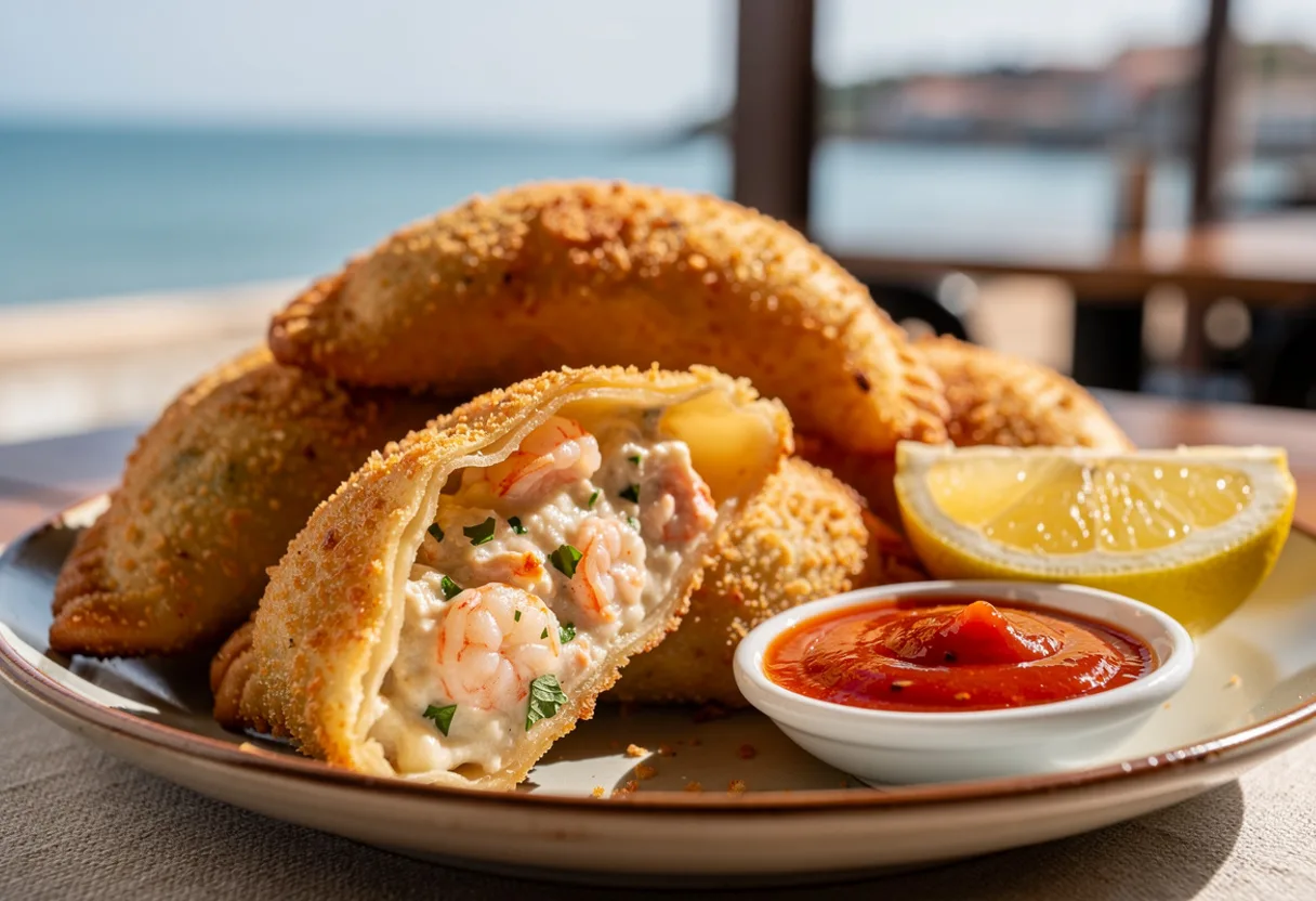 Crumbed, golden half-moon shrimp turnovers, one cut open to show a creamy prawn filling