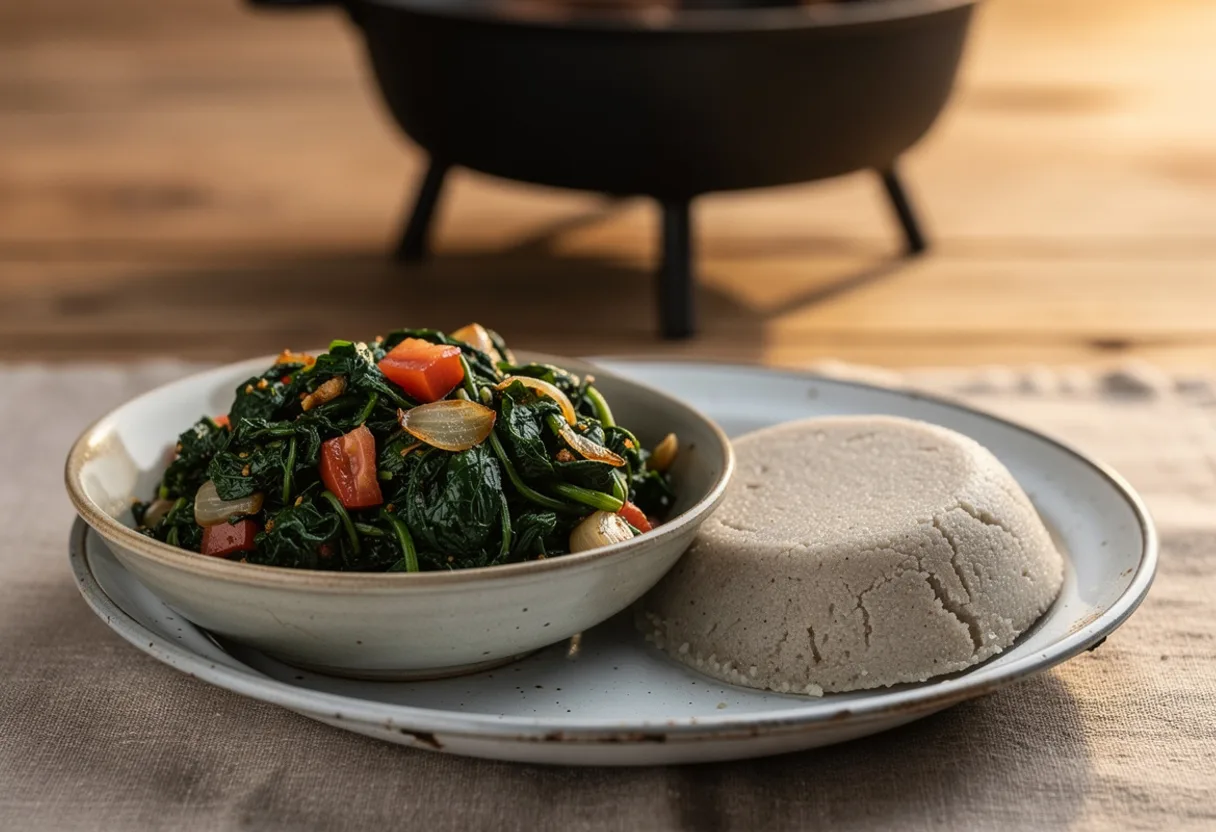 Bowl of soft cooked dark green wild spinach with tomato and onion beside stiff millet porridge