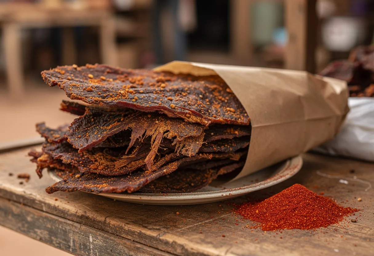 Thin, dark red-brown sheets of spiced dried beef with a crackly groundnut and chili coating