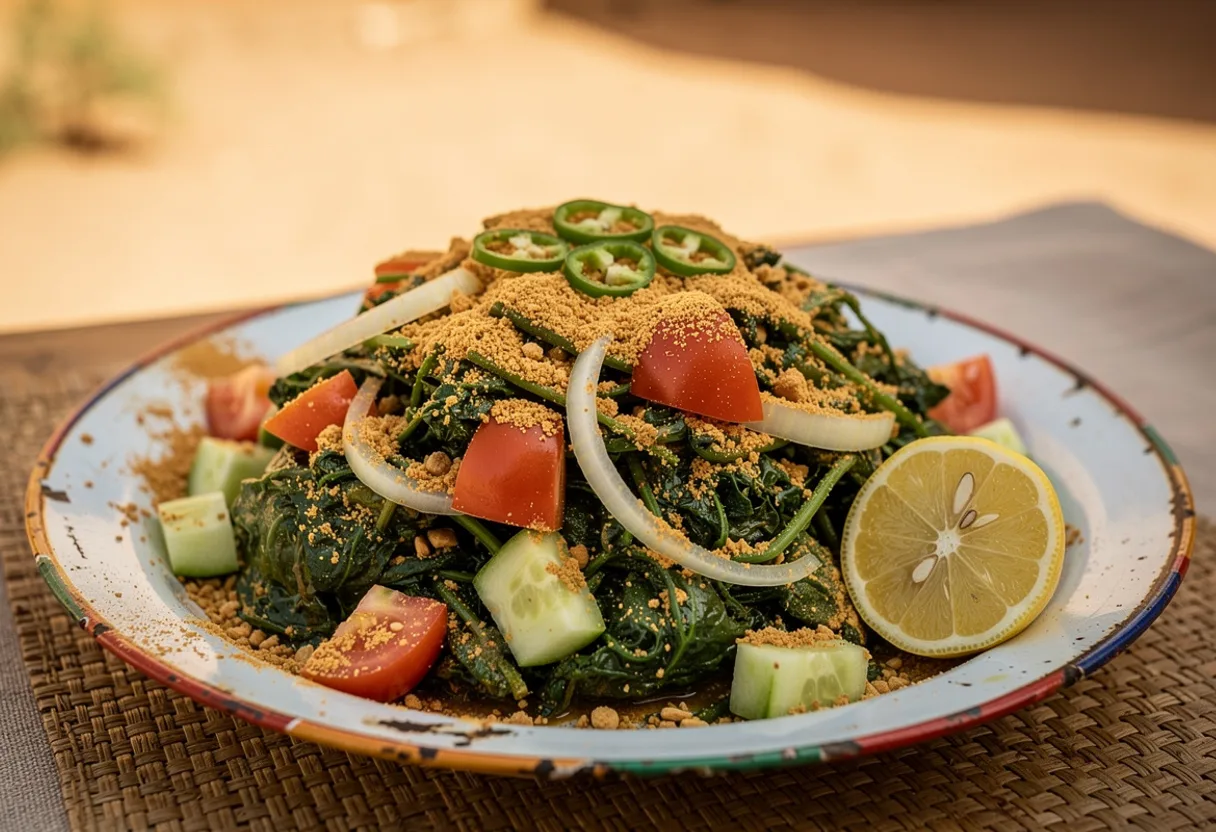 Platter of dark green boiled moringa leaves tossed with peanut, tomato, onion and cucumber