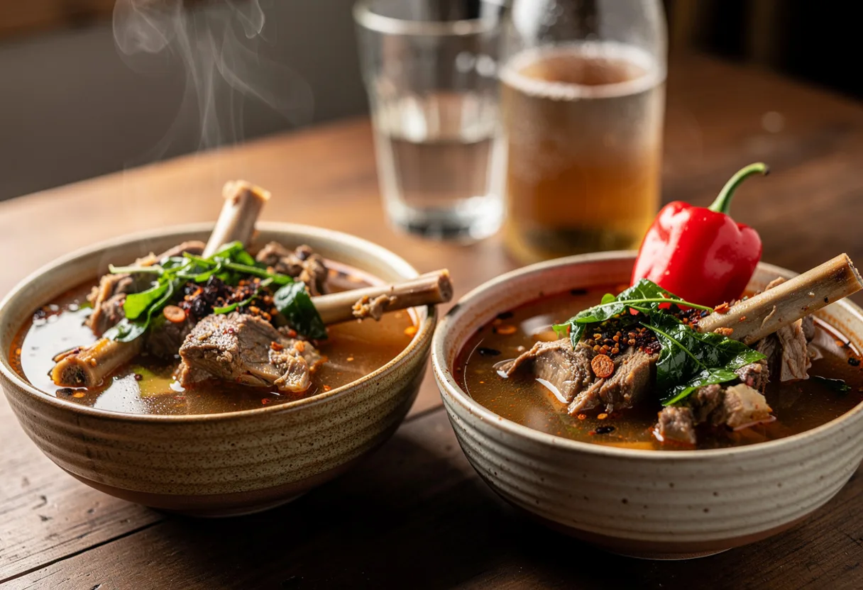 Small bowls of thin, spicy brown broth with chunks of goat meat and green leaves